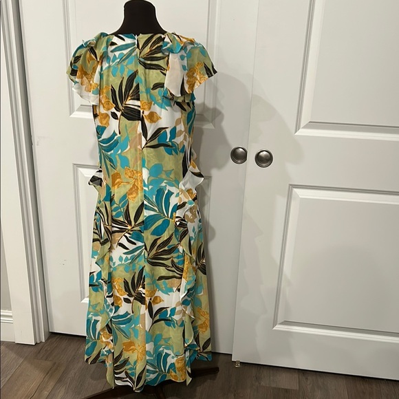 Chico's Yellow Green V-Neck Flutter Sleeve Midi Tropical Resort Dress Size 0/4 - Picture 6 of 12